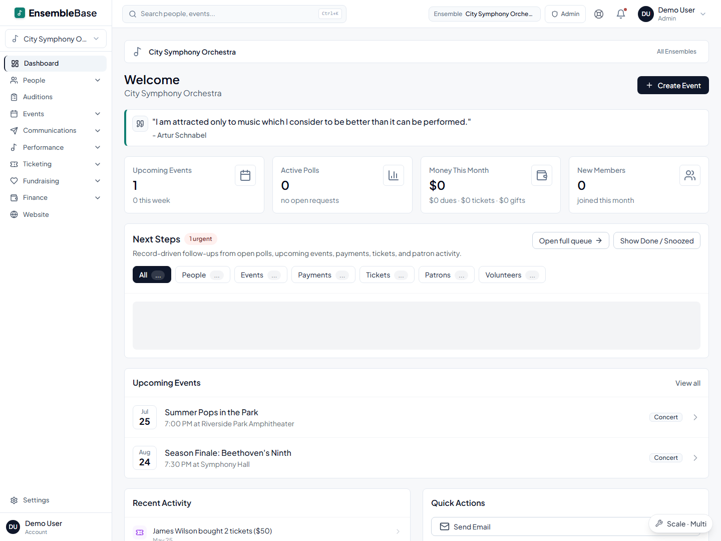 EnsembleBase admin dashboard showing follow-ups, upcoming events, and items needing attention.