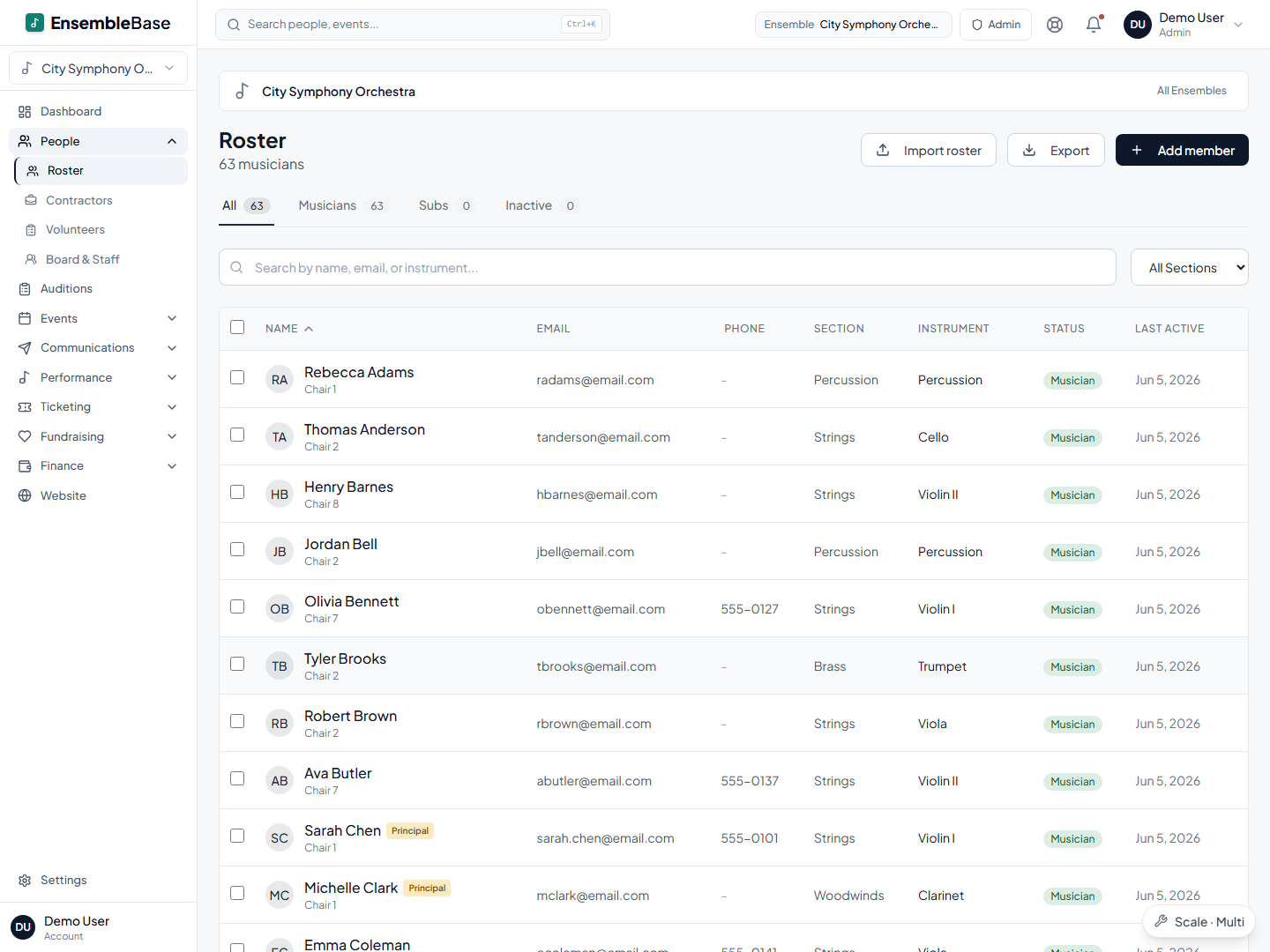 EnsembleBase roster showing musicians grouped by section with instruments, chairs, and substitute status.