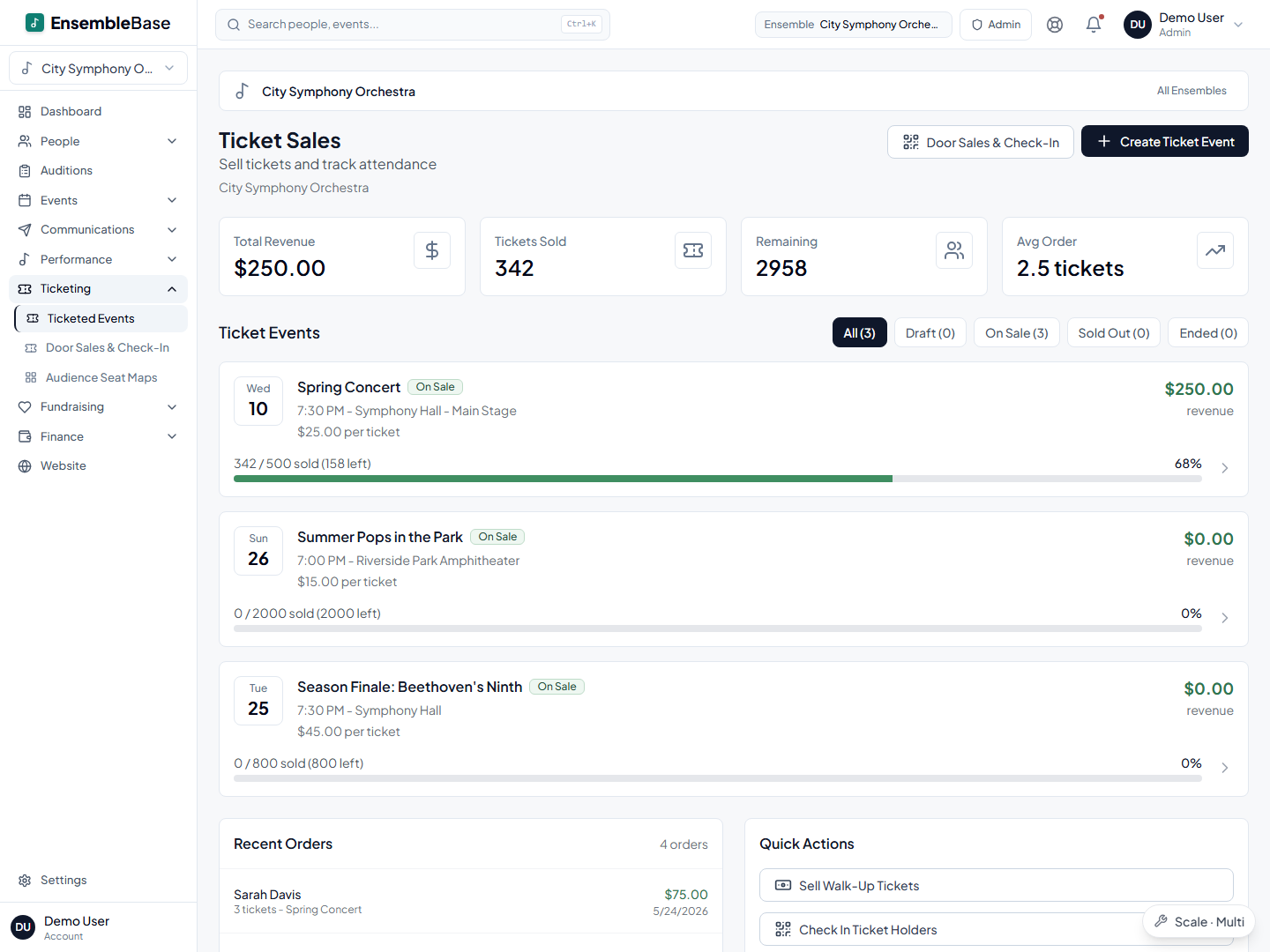 EnsembleBase ticketing dashboard showing ticket sales, revenue, and remaining capacity for upcoming concerts.